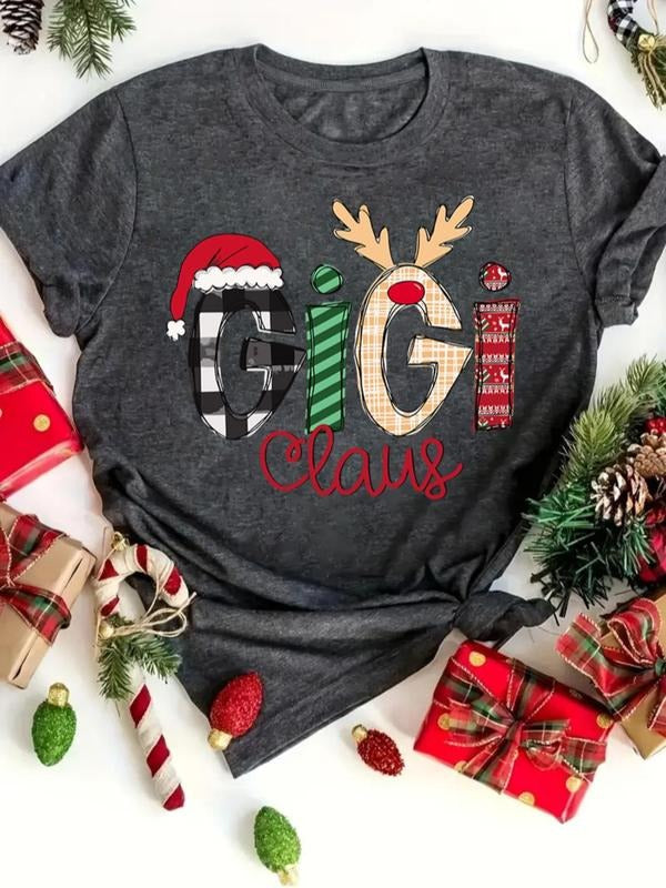 Women's Christmas Themed Letter Print Round Neck Tee, Casual Short Sleeve Crew Neck T-shirt for Summer, Fashion Women's...