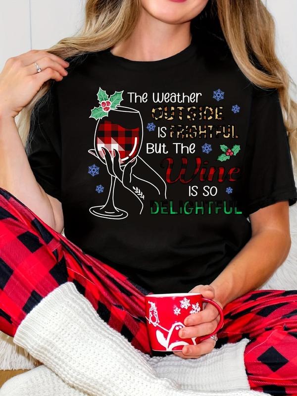 Women's Christmas Themed Letter Print Round Neck Tee, Casual Soft Comfortable Long Sleeve Crew Neck T-shirt for Daily...
