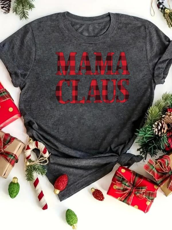 Women's Christmas Themed Mama Claus Print Round Neck Tee, Casual Short Sleeve Crew Neck T-shirt for Daily Holiday...