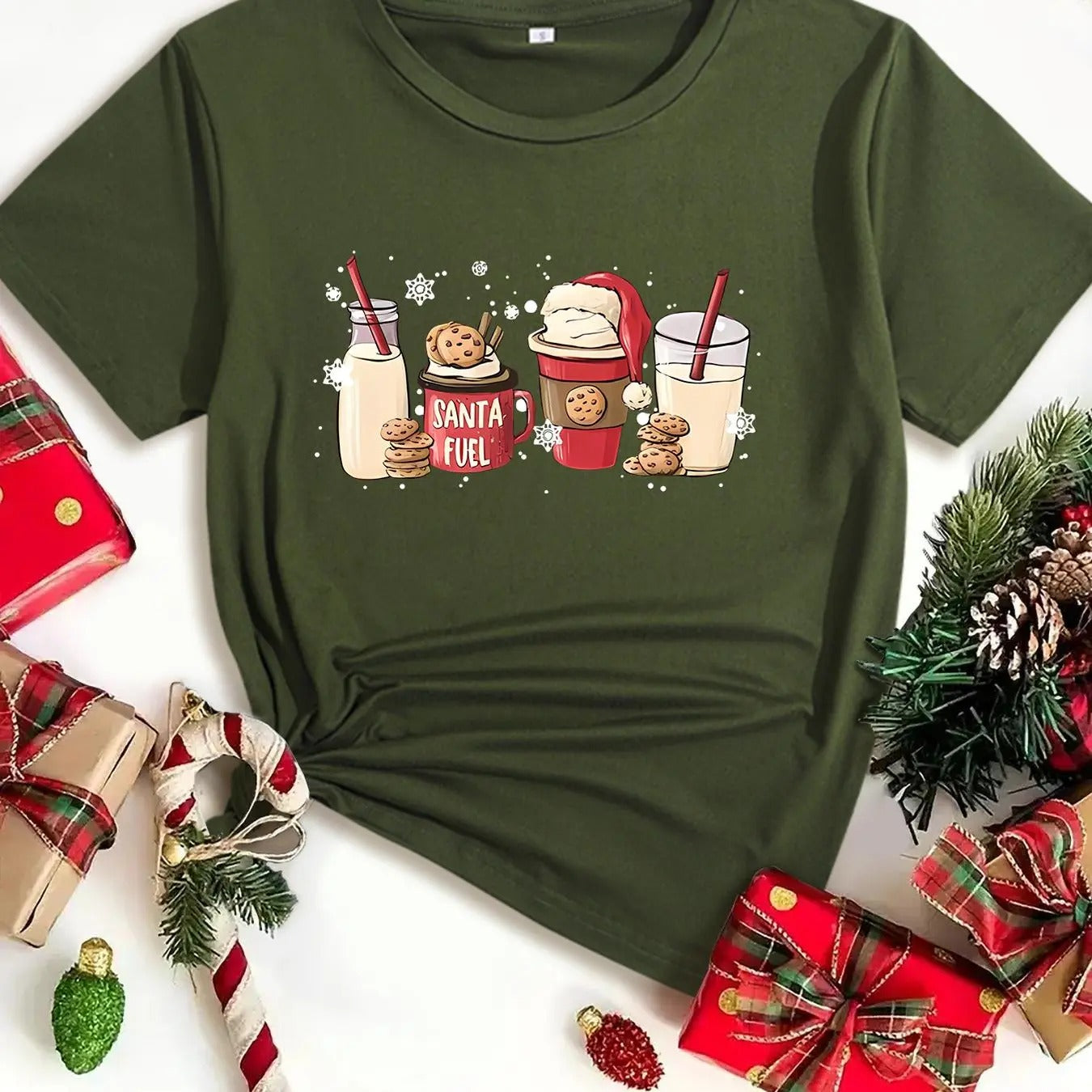 Women's Christmas Themed Milk Drink Print Round Neck Tee, Casual Short Sleeve Crew Neck T-shirt for Daily Holiday...
