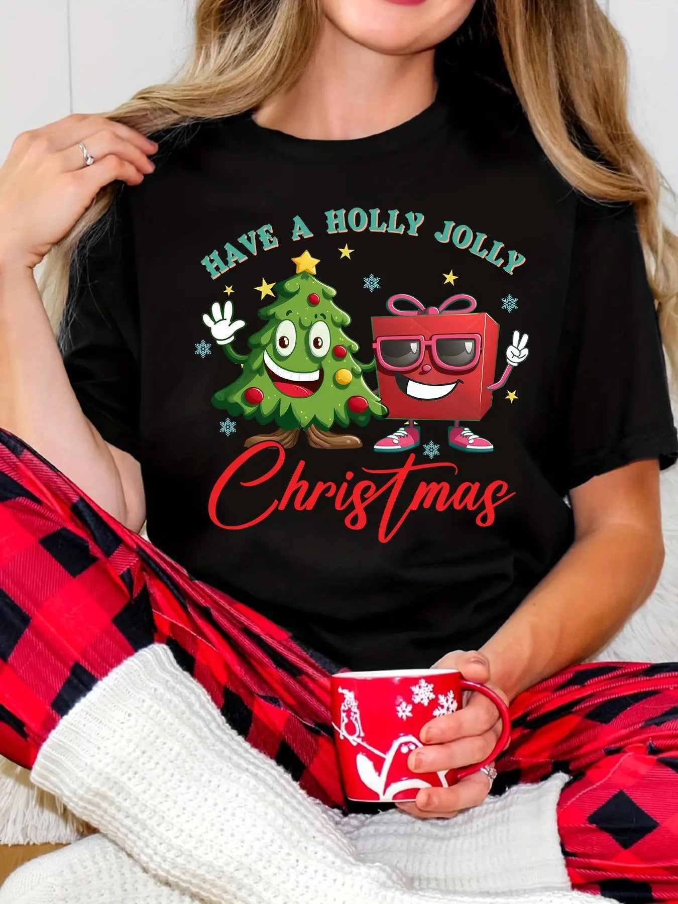 Women's Christmas Themed Round Neck Graphic Tee, Casual Short Sleeve Crew Neck T-shirt for Daily Holiday Vacation Outdoor...