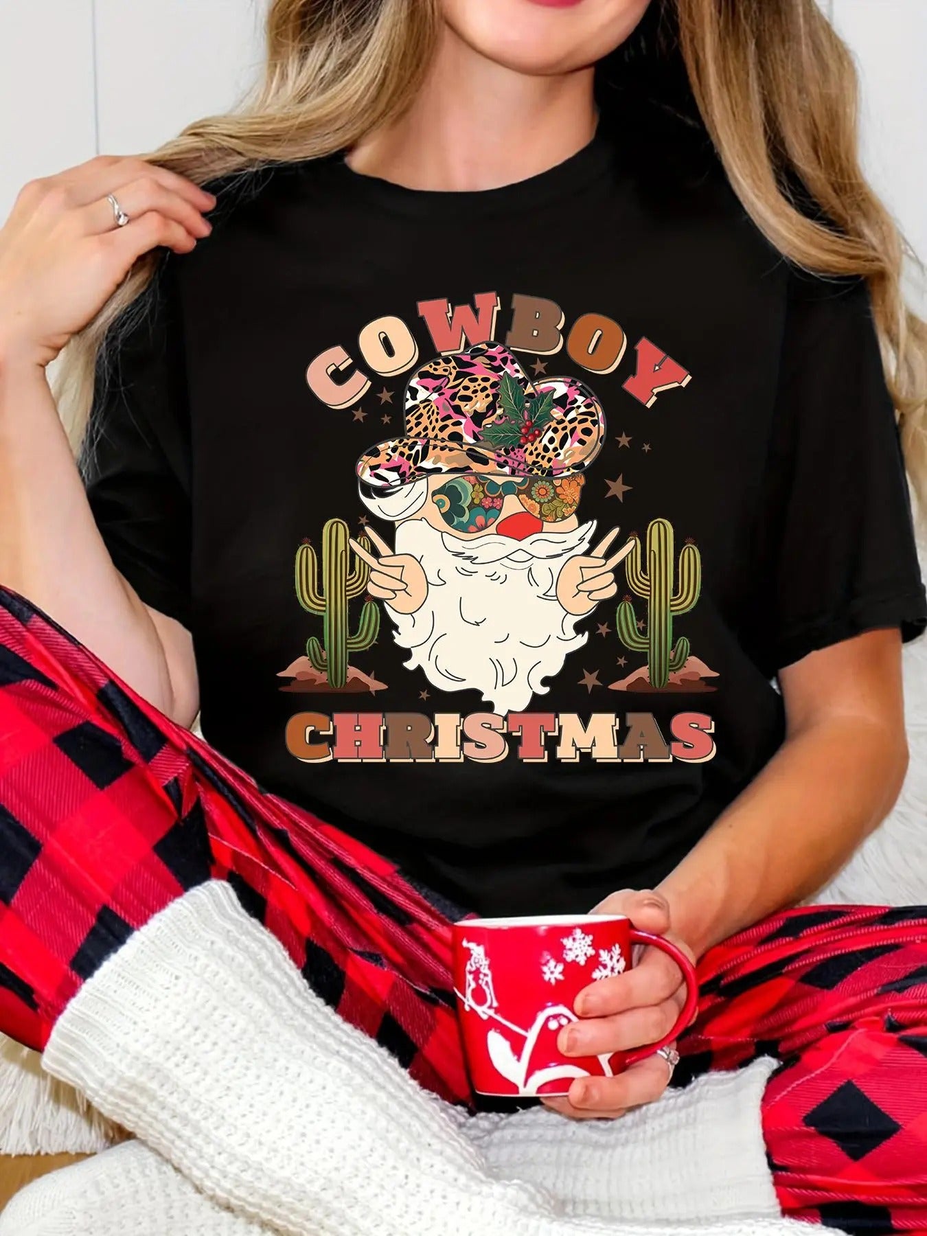 Women's Christmas Themed Santa Claus Print Round Neck Tee, Casual Short Sleeve Crew Neck T-shirt for Daily Holiday...