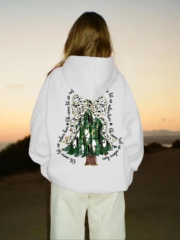 Women's Christmas Tree & Bow Print Drop Shoulder Hoodie, Fashion Casual Drawstring Pocket Hooded Sweatshirt for Daily...