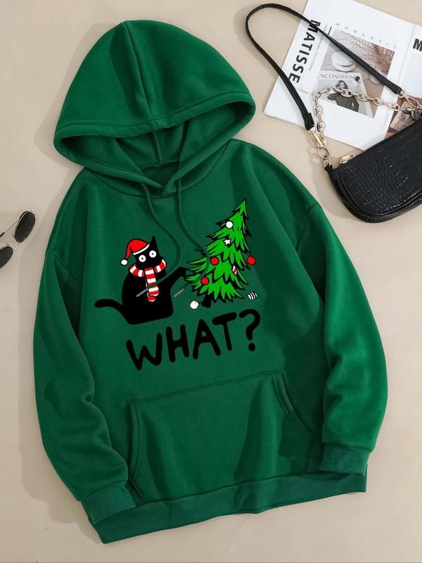 Women's Christmas Tree & Cat Print Drop Shoulder Hoodie, Fashion Casual Drawstring Pocket Hooded Sweatshirt for Daily...