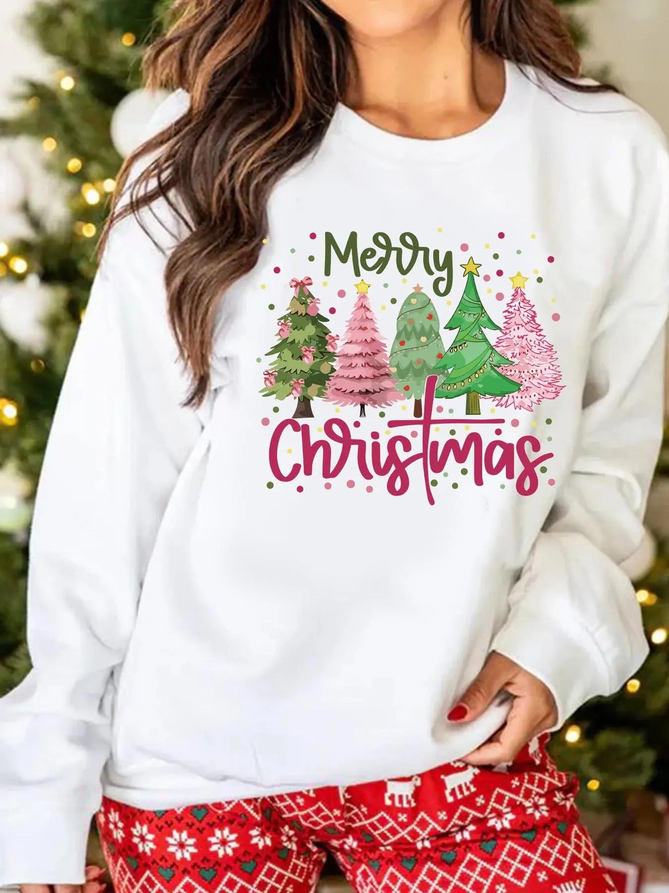 Women's Christmas Tree & Letter Print Crew Neck Sweatshirt, Casual Long Sleeve Pullover for Daily Wear, Ladies Clothes...
