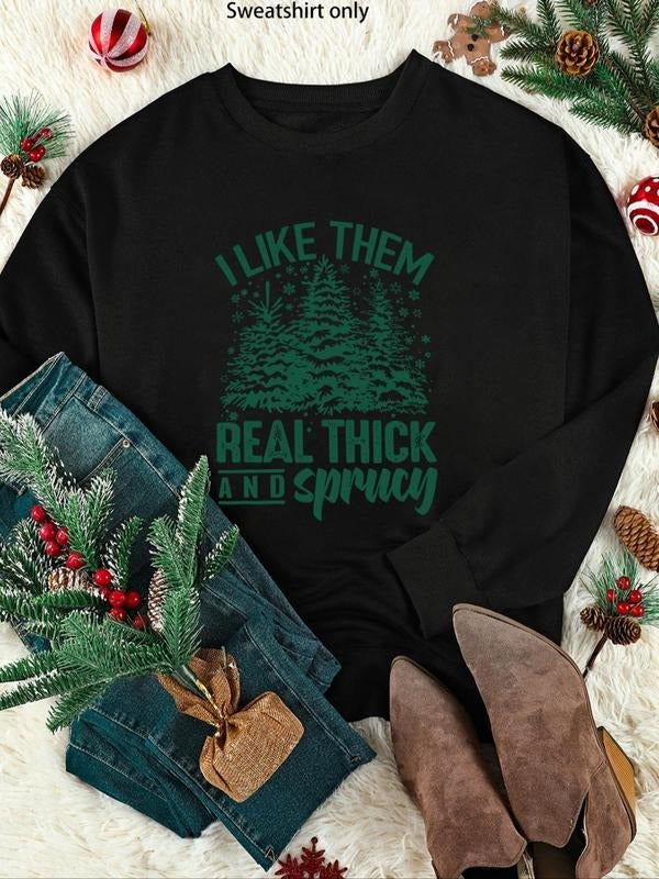 Women's Christmas Tree & Letter Print Crew Neck Sweatshirt, Casual Long Sleeve Pullover, Women's Fall & Winter Clothes...
