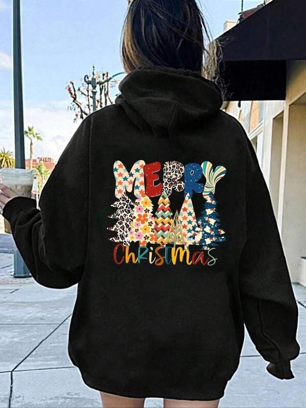 Women's Christmas Tree & Letter Print Drawstring Hoodie, Fashion Casual Hooded Sweatshirt for Daily Holiday Outdoor Wear,...