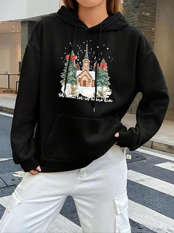 Women's Christmas Tree & Letter Print Drop Shoulder Hoodie, Fashion Casual Drawstring Pocket Hooded Sweatshirt for Daily...