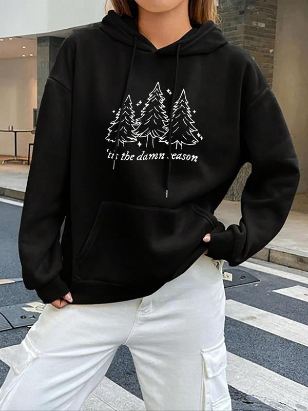 Women's Christmas Tree & Letter Print Drop Shoulder Hoodie, Fashion Casual Drawstring Pocket Hooded Sweatshirt for Daily...