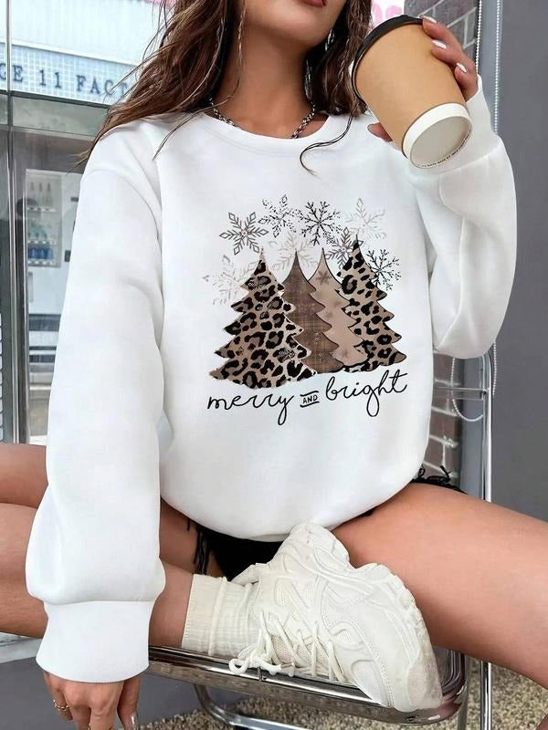 Women's Christmas Tree & Letter Print Drop Shoulder Sweatshirt, Casual Long Sleeve Round Neck Pullover for Daily Wear,...