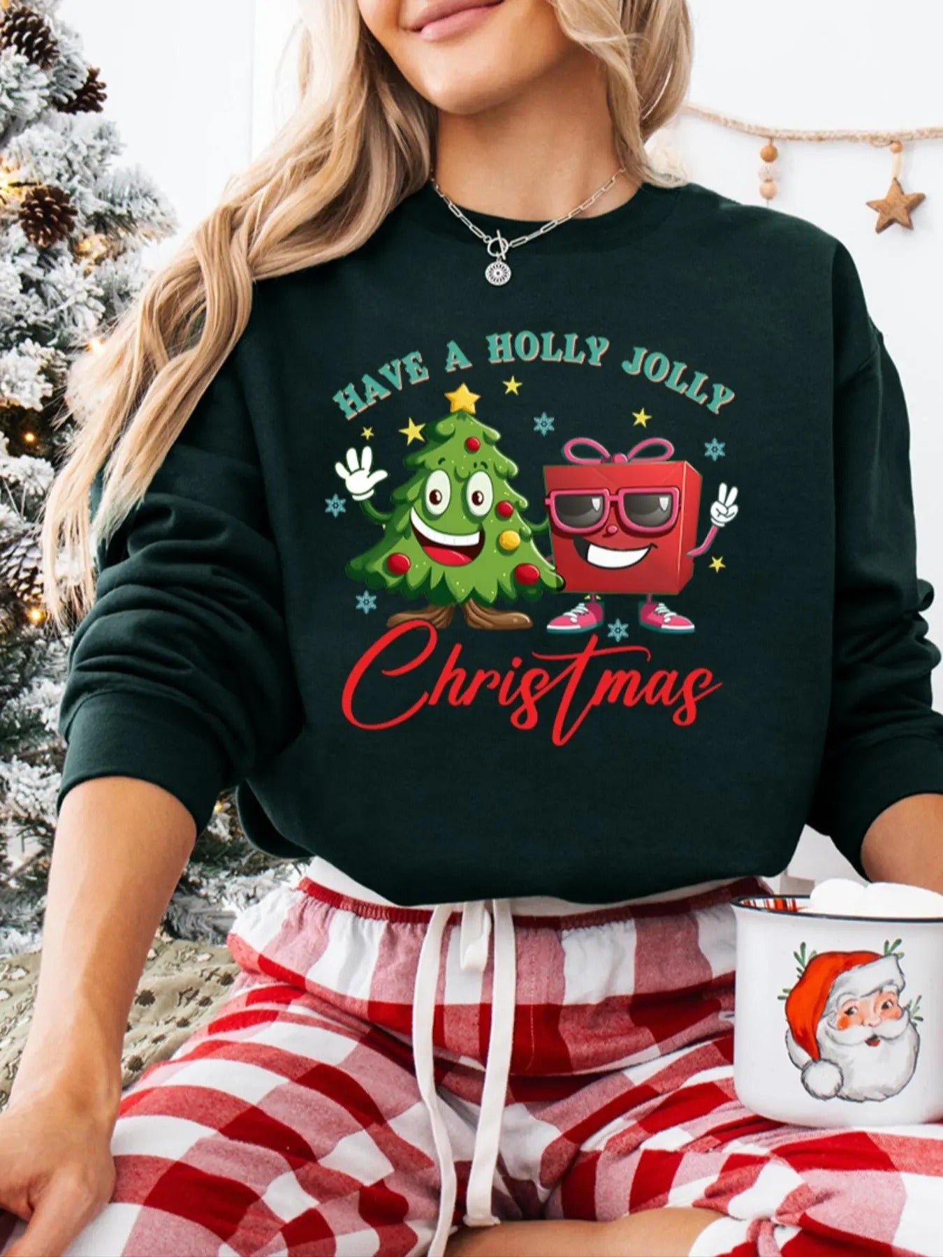 Women's Christmas Tree & Letter Print Drop Shoulder Sweatshirt, Casual Long Sleeve Round Neck Pullover for Daily Wear,...