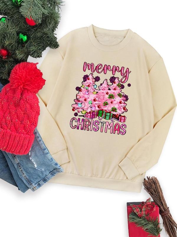 Tree & Letter Print Drop Shoulder Casual Long Sleeve Round Neck Fall & Winter Clothes Daily T-Shirts, Hoodie, Sweatshirt