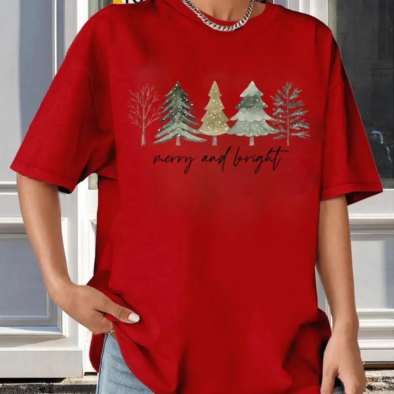 Women's Christmas Tree & Letter Print Drop Shoulder Tee, Casual Short Sleeve Round Neck T-Shirt for Summer, Women's Top...