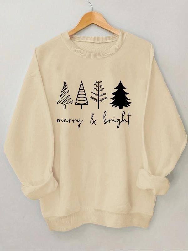 Women's Christmas Tree & Letter Print Round Neck Pullover, Casual Long Sleeve Crew Neck Sweatshirt for Fall & Winter,...