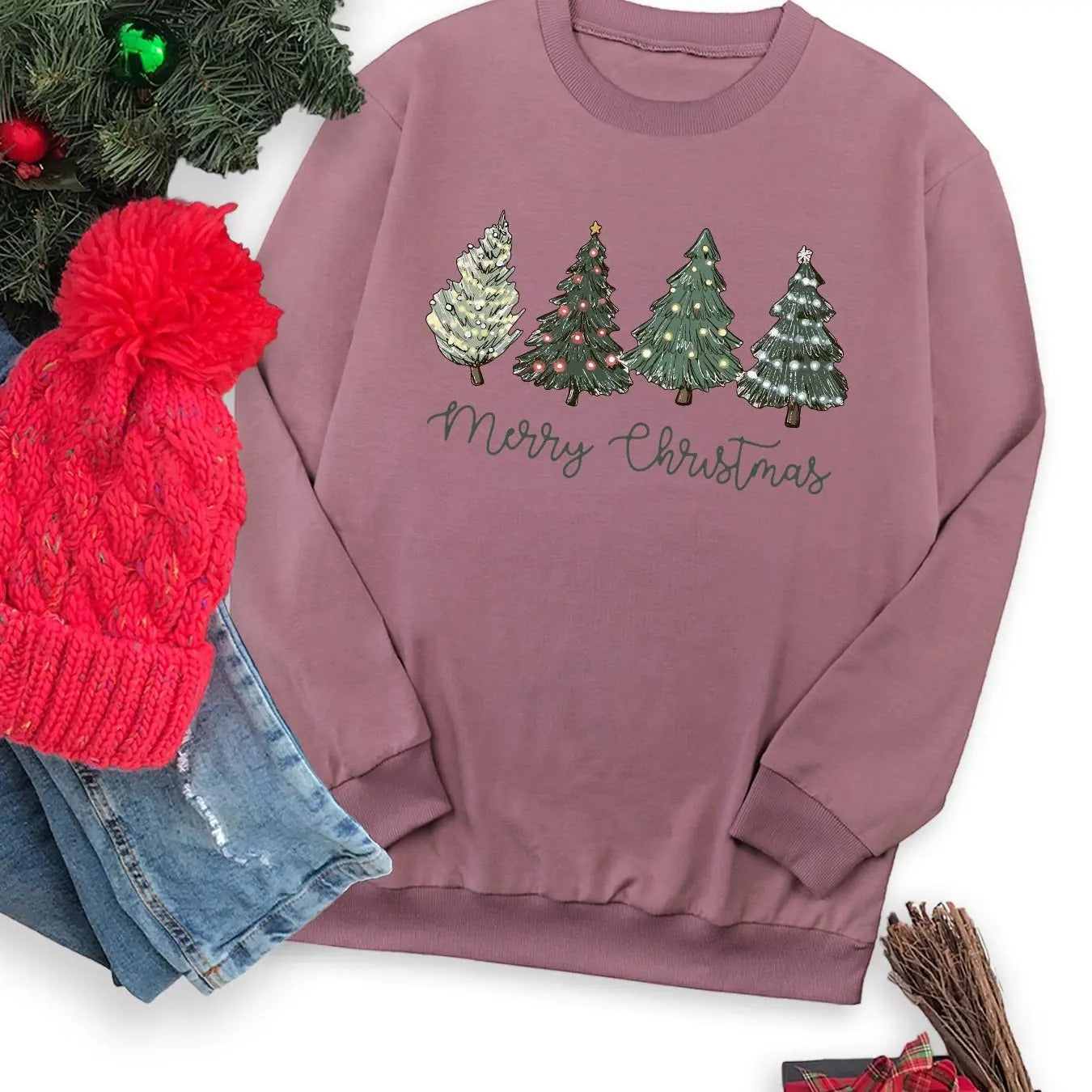 Women's Christmas Tree & Letter Print Round Neck Sweatshirt, Casual Long Sleeve Crew Neck Pullover for Fall & Winter,...