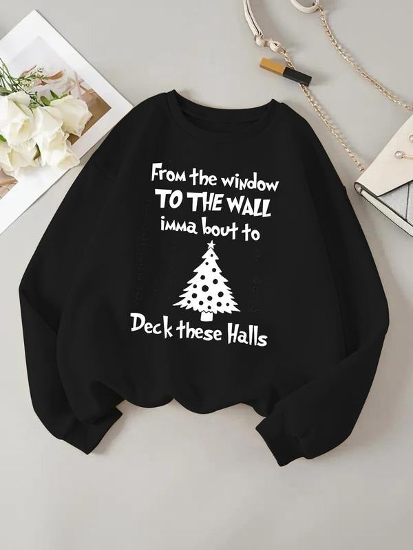 Women's Christmas Tree & Letter Print Round Neck Sweatshirt, Casual Long Sleeve Pullover for Fall & Winter, Women's...