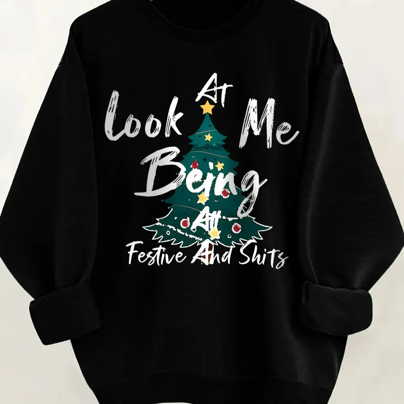 Women's Christmas Tree & Letter Print Round Neck Sweatshirt, Casual Long Sleeve Pullover, Women's Fall & Winter Clothes...