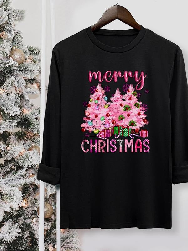 Tree & Letter Print Round Neck Casual Long Sleeve Crew Neck Fall & Winter Top Daily T-Shirts, Hoodie, Sweatshirt