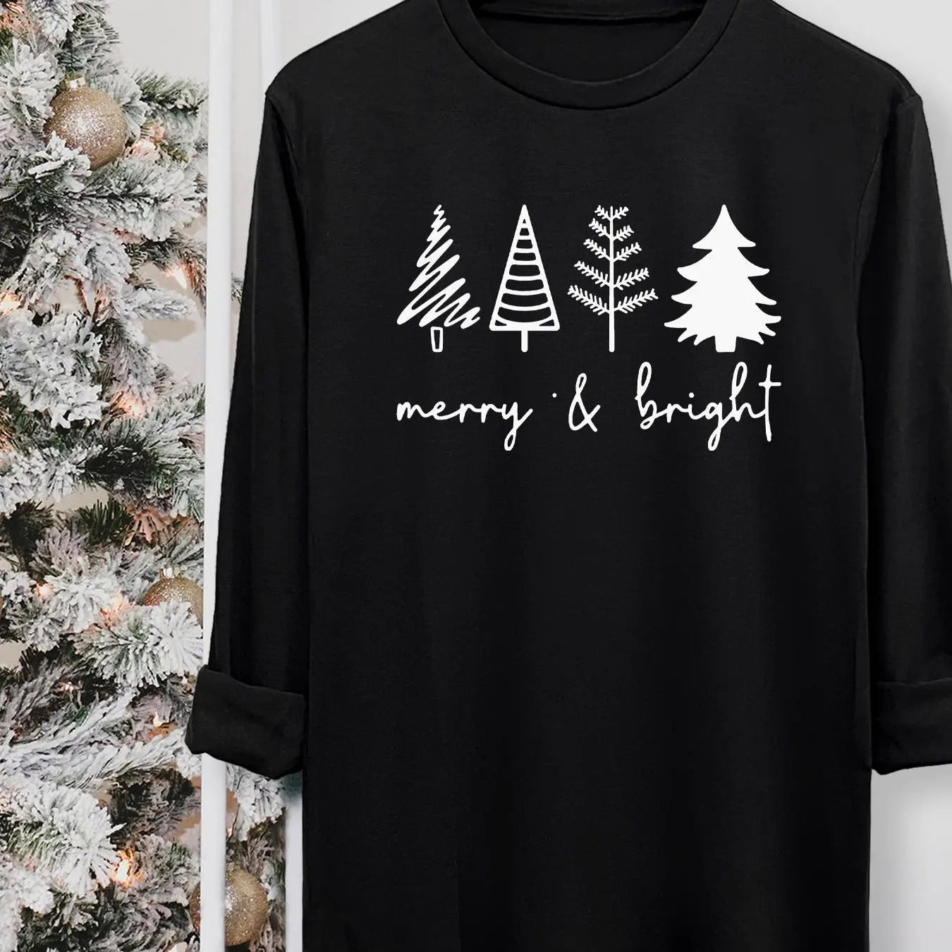 Tree & Letter Print Round Neck Casual Long Sleeve Crew Neck Fall & Winter Top Daily Wearstyle{N002}4 T-Shirts, Hoodie, Sweatshirt