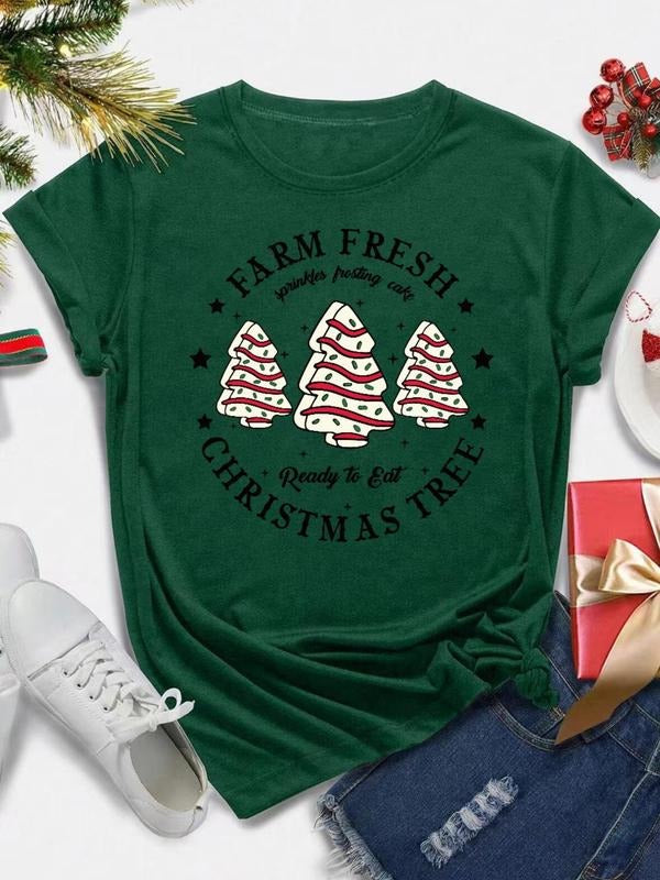 Women's Christmas Tree & Letter Print Round Neck Tee, Casual Short Sleeve Crew Neck T-Shirt for All Seasons, Fashion...