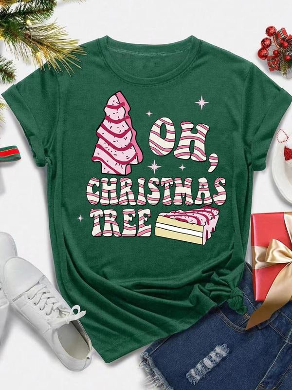 Women's Christmas Tree & Letter Print Round Neck Tee, Casual Short Sleeve Crew Neck T-shirt for All Seasons, Fashion...