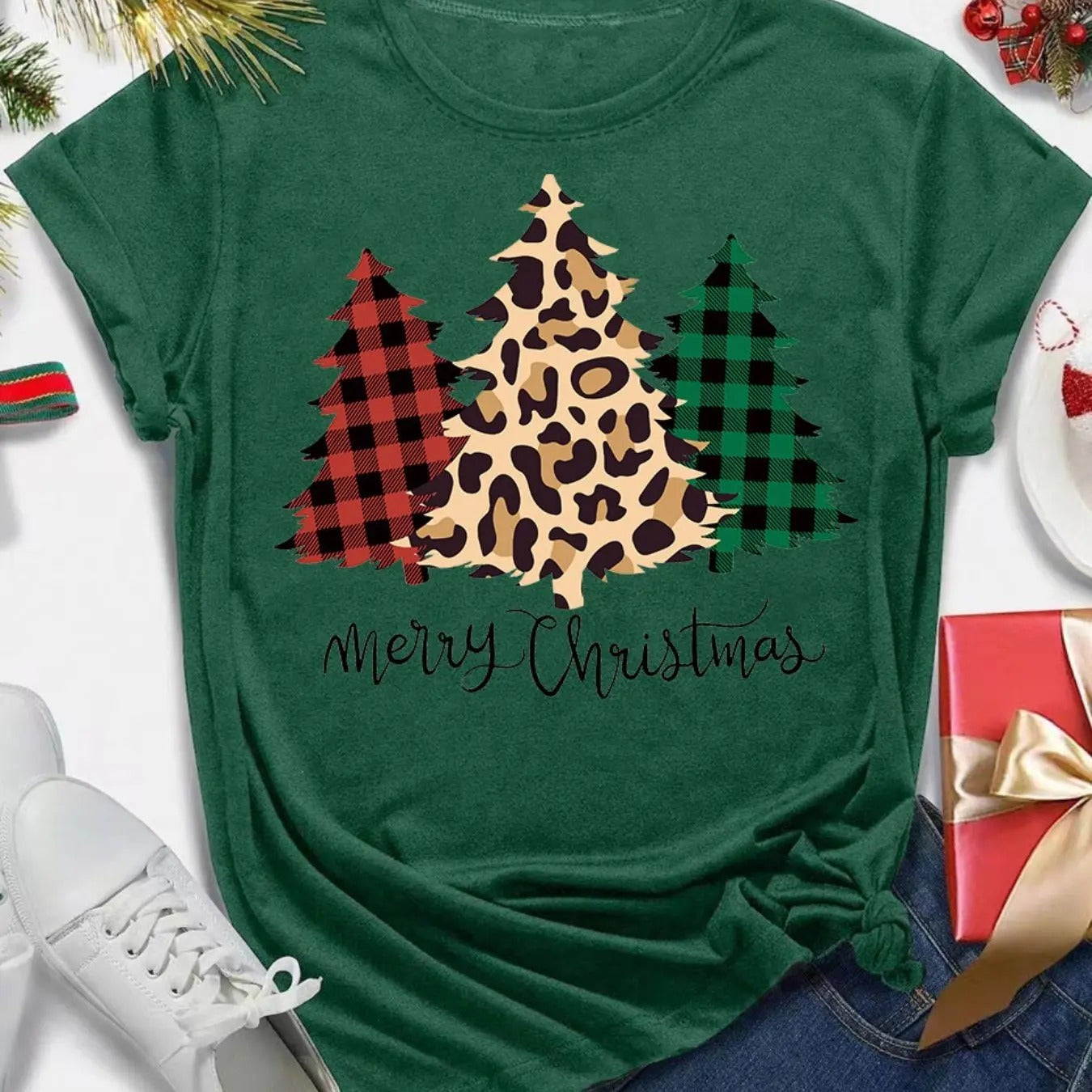 Women's Christmas Tree & Letter Print Round Neck Tee, Casual Short Sleeve Crew Neck T-shirt for Daily Holiday Vacation...
