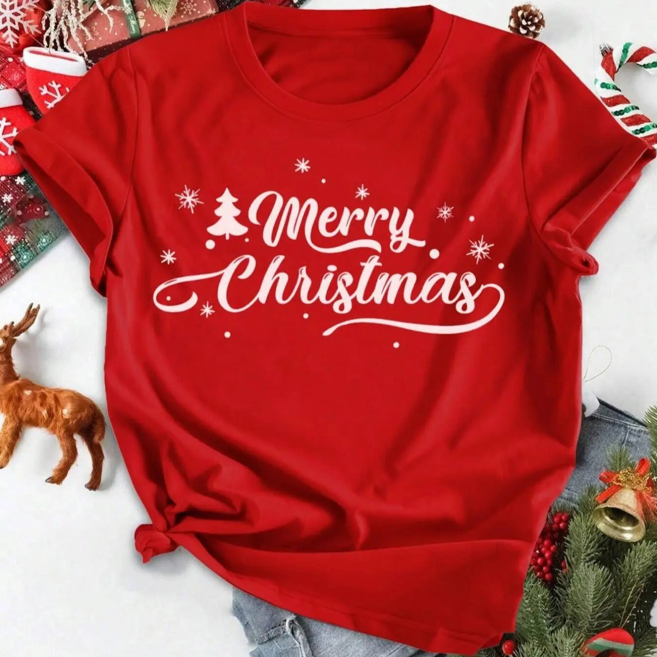 Women's Christmas Tree & Letter Print Round Neck Tee, Casual Short Sleeve Crew Neck T-shirt for Summer, Women's Top for...