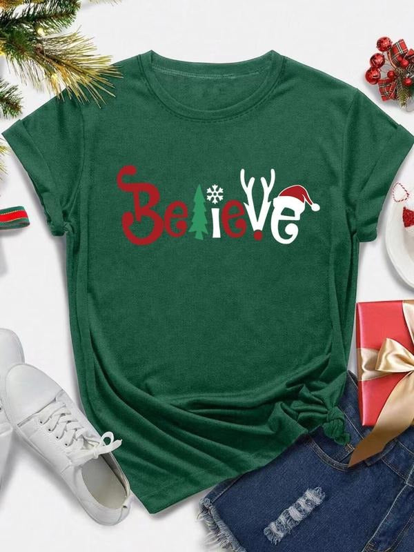 Women's Christmas Tree & Letter Print Round Neck Tee, Casual Short Sleeve T-shirt for All Seasons, Fashion Women's Top...