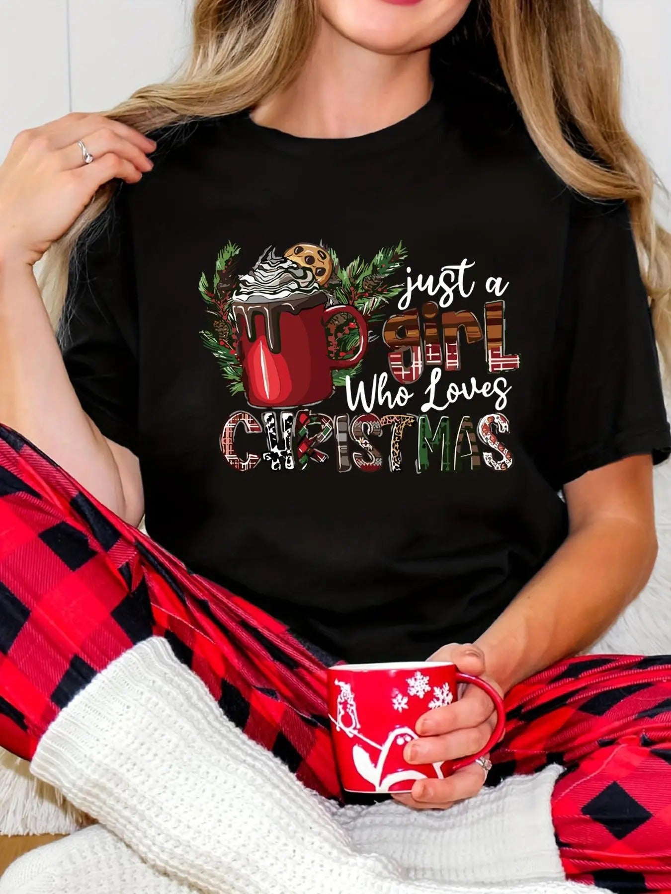 Women's Christmas Tree & Letter Print Round Neck Tee, Casual Soft Comfortable Long Sleeve Crew Neck T-shirt for Daily...