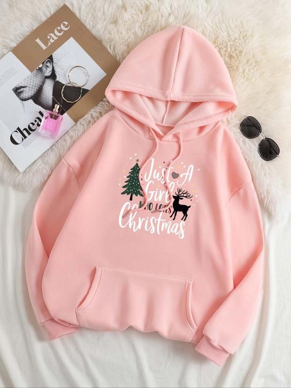 Women's Christmas Tree & Letters Print Drop Shoulder Hoodie, Fashion Casual Drawstring Kangaroo Pocket Hooded Sweatshirt...