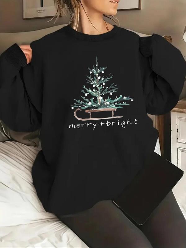 Women's Christmas Tree & Sleigh Print Crew Neck Drop Shoulder Sweatshirt, Regular Casual Long Sleeve Pullover for Fall &...