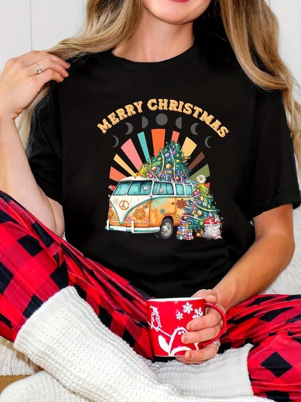 Women's Christmas Tree & Star Print Round Neck Tee, Casual Merry Christmas Graphic Long Sleeve T-shirt for Daily Wear,...