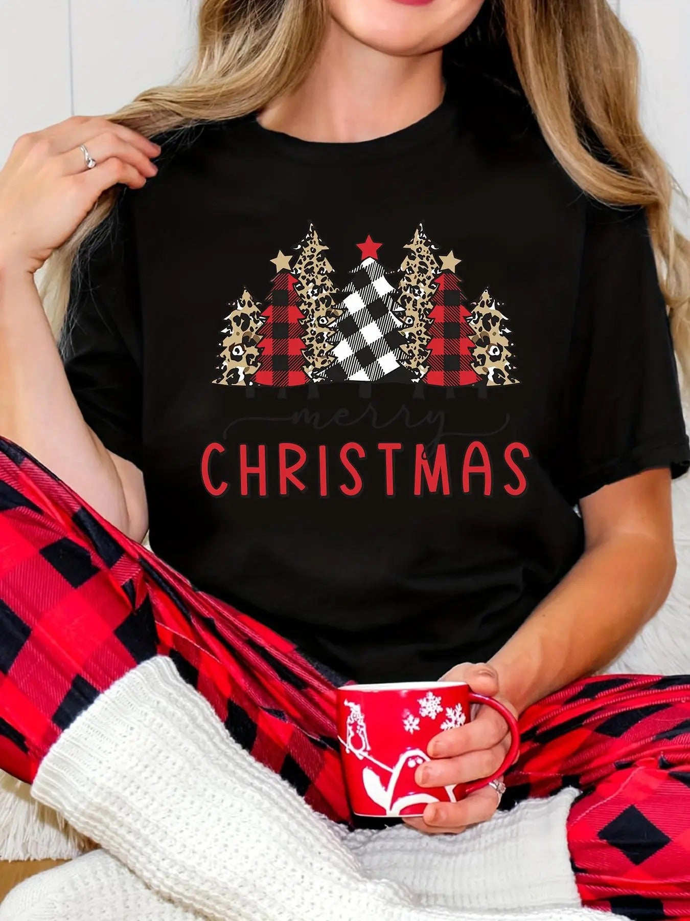 Women's Christmas Tree & Star Print Round Neck Tee, Casual Short Sleeve Crew Neck T-shirt for Daily Holiday Vacation...