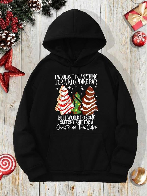 Women's Christmas Tree Print Drop Shoulder Hoodie, Fashion Casual Drawstring Pocket Hooded Sweatshirt for Daily Holiday...