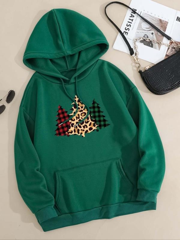Women's Christmas Tree Print Drop Shoulder Hoodie, Fashion Casual Drawstring Pocket Hooded Sweatshirt for Daily Holiday...
