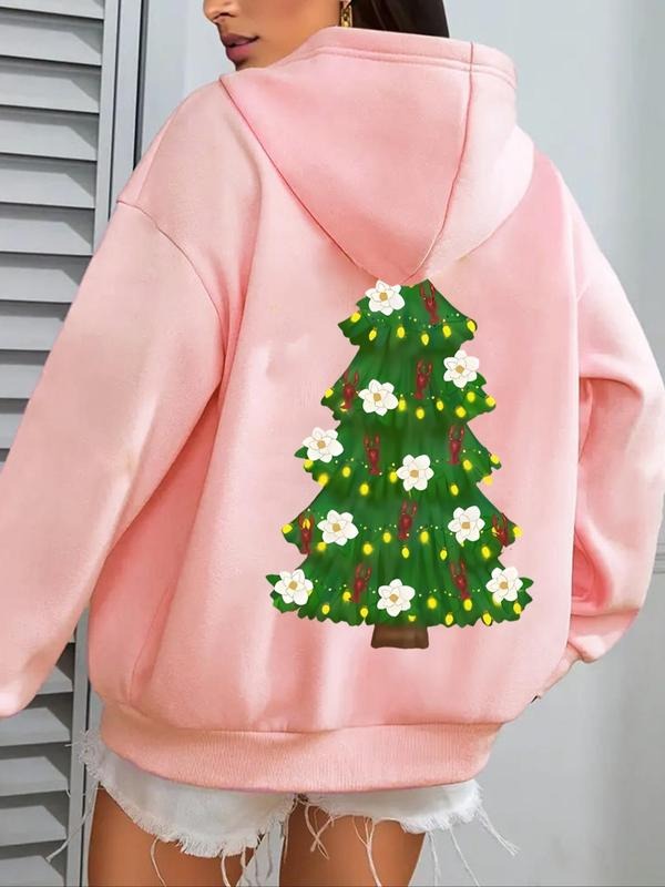 Women's Christmas Tree Print Drop Shoulder Hoodie, Fashion Casual Drawstring Pocket Hooded Sweatshirt for Daily Holiday...