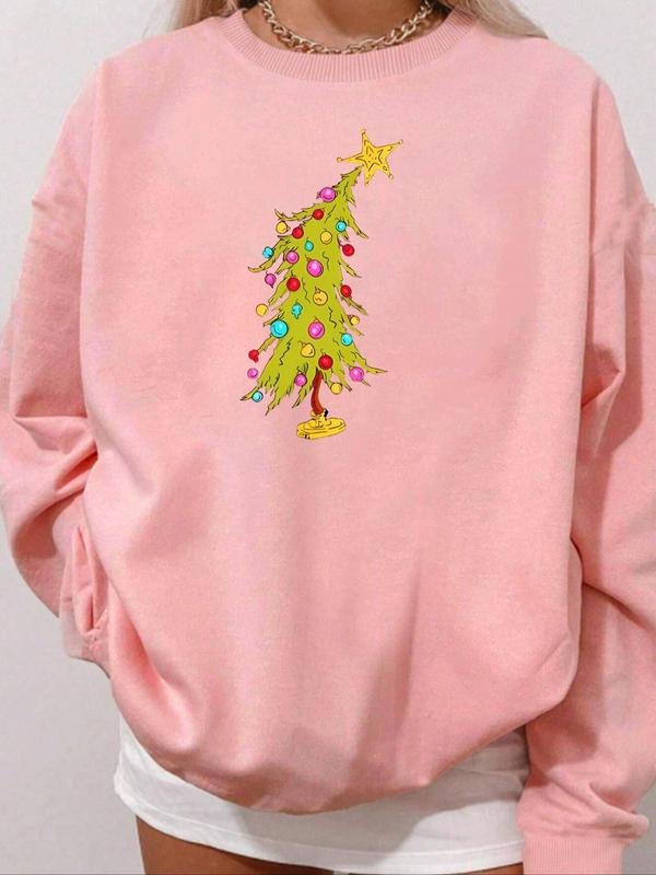 Women's Christmas Tree Print Drop Shoulder Sweatshirt, Casual Long Sleeve Round Neck Pullover for Fall & Winter, Ladies...
