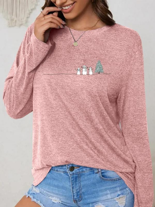 Women's Christmas Tree Print Drop Shoulder Tee, Casual Long Sleeve Round Neck T-shirt for Daily Wear, Ladies Clothes for...