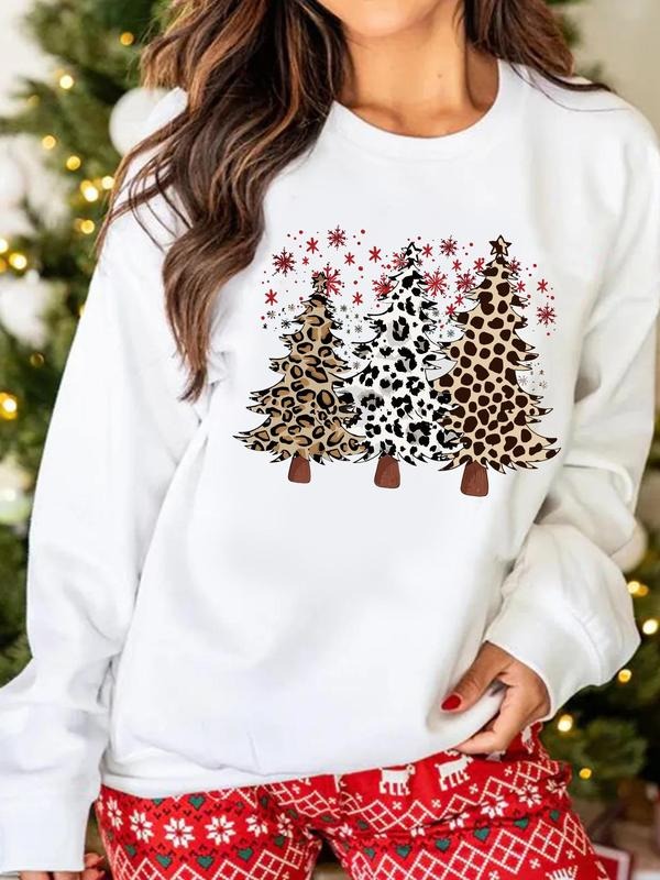 Women's Christmas Tree Print Round Neck Sweatshirt, Casual Long Sleeve Pullover for Daily Wear, Ladies Fall & Winter...