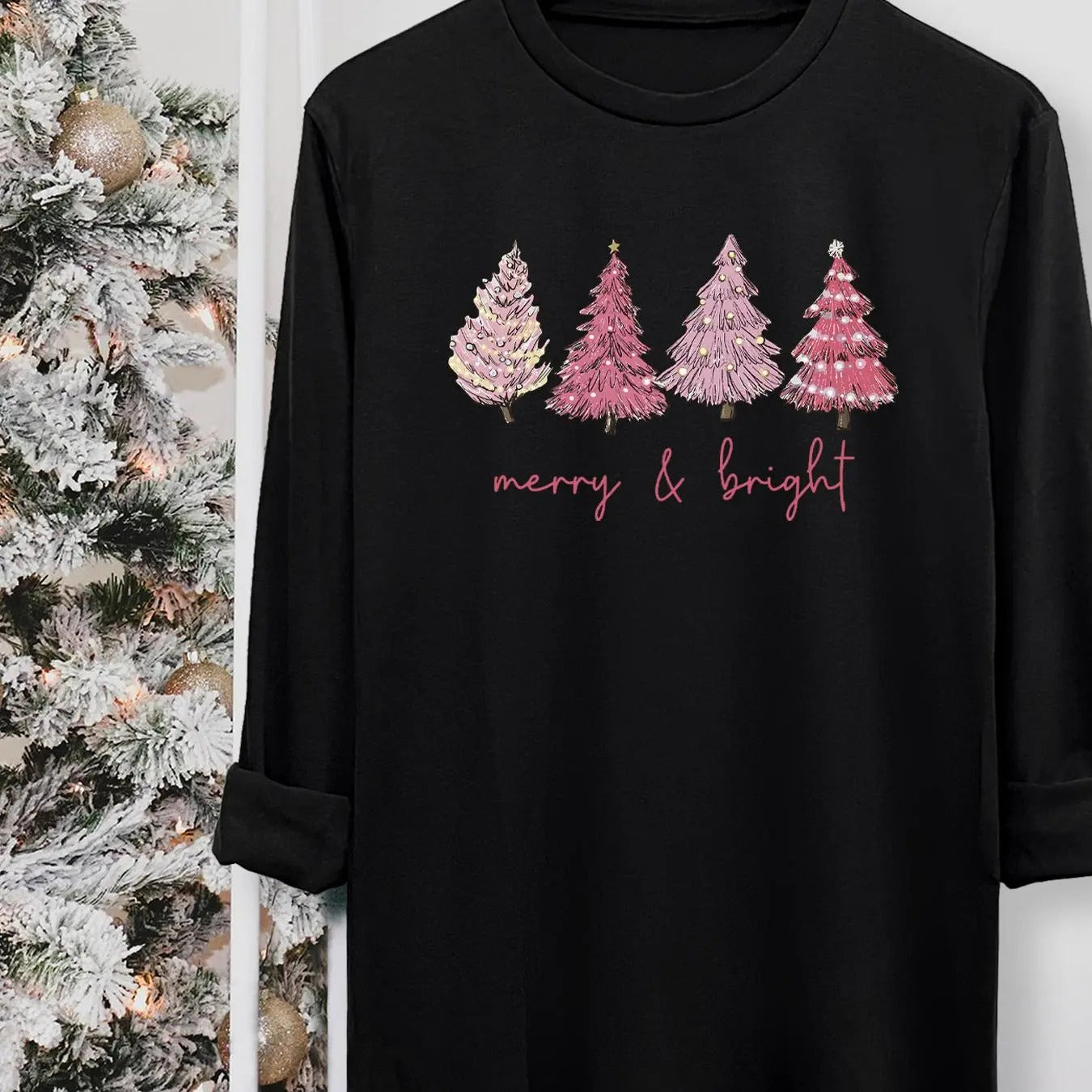 Tree Print Round Neck Casual Long Sleeve Crew Neck Fall & Winter Top Daily T-Shirts, Hoodie, Sweatshirt