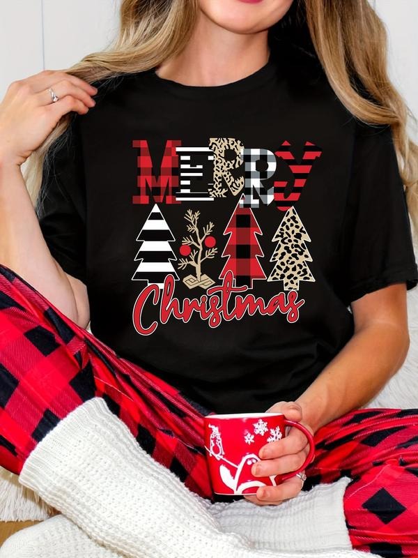 Women's Christmas Tree Print Round Neck Tee, Casual Short Sleeve Crew Neck T-shirt for Daily Holiday Vacation Outdoor...