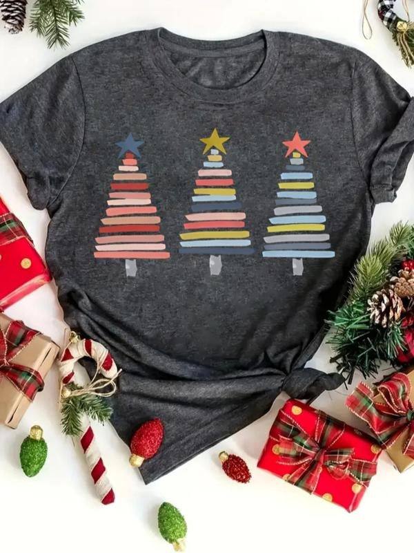 Women's Christmas Tree Print Round Neck Tee, Casual Short Sleeve Crew Neck T-shirt for Daily Holiday Vacation Outdoor...