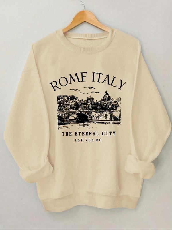 Women's City & Letter Print Crew Neck Sweatshirt, Casual Long Sleeve Pullover for Daily Wear, Ladies Clothing for Fall &...