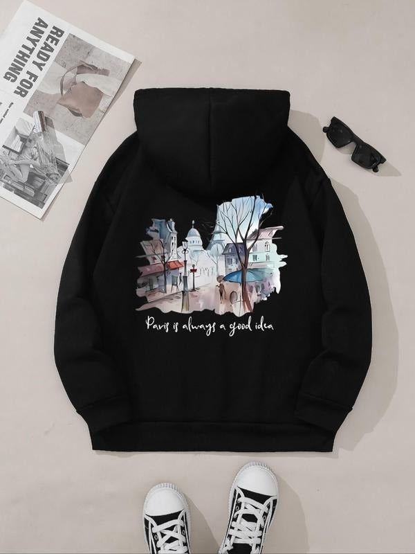 Women's City & Letter Print Drawstring Pocket Hoodie, Casual Fashion Long Sleeve Hooded Sweatshirt for Fall & Winter,...