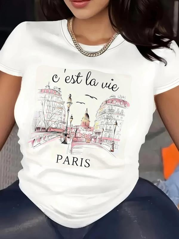 Women's City & Letter Print Round Neck Tee, Trendy Casual Short Sleeve T-shirt for Daily Wear, Ladies Spring & Fall...