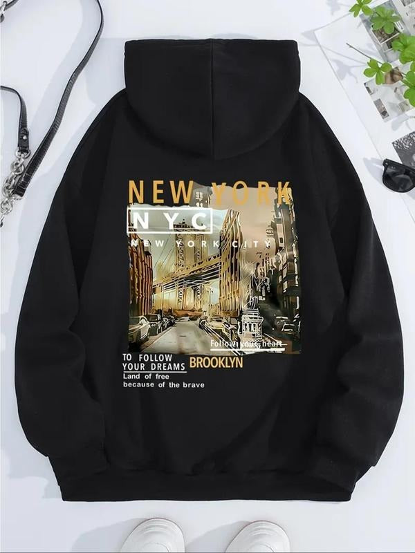 Women's City Landscape & Letter Print Drop Shoulder Hoodie, Fashion Casual Drawstring Pocket Hooded Sweatshirt for Daily...