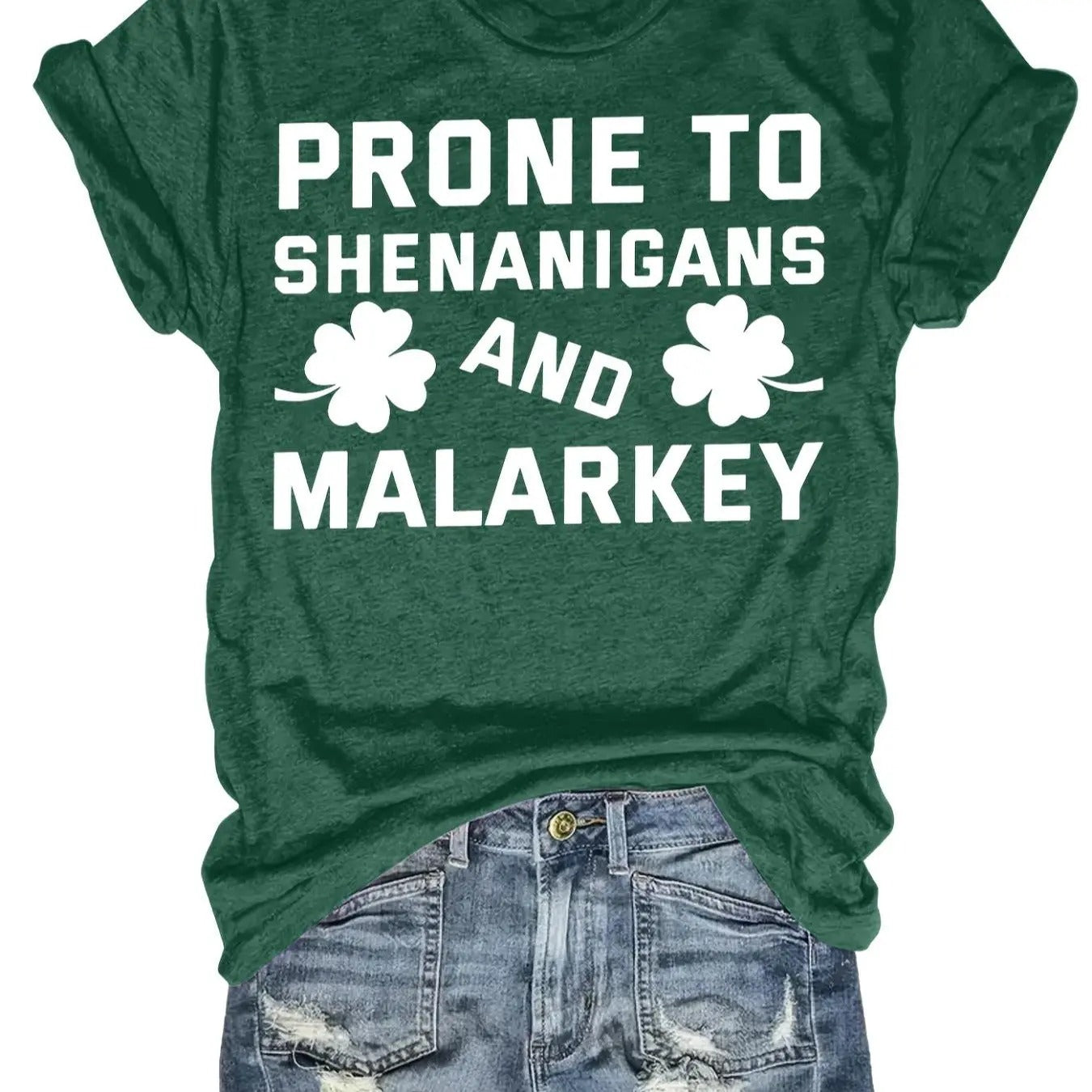 Women's Clover & Letter Print Round Neck Tee, Casual Short Sleeve T-shirt for St. Patrick's Day, Ladies Summer Clothes...