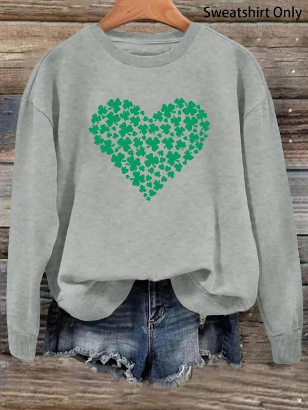 Women's Clover Heart Print Drop Shoulder Sweatshirt, Casual Long Sleeve Round Neck Pullover For Fall & Winter, Ladies...
