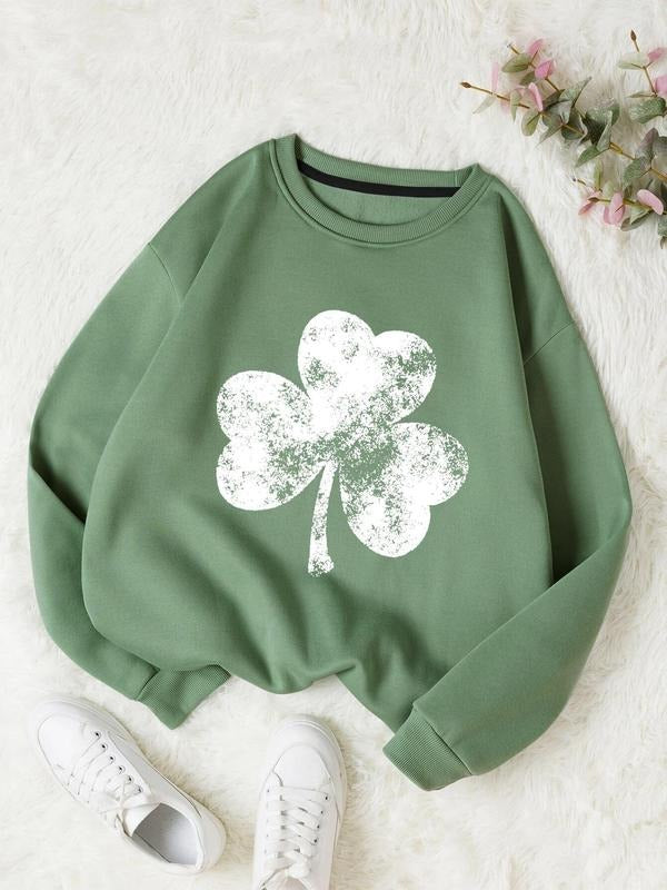 Women's Clover Print Round Neck Sweatshirt, Casual Long Sleeve Crew Neck Pullover for Summer, Fashion Women's Top for St....