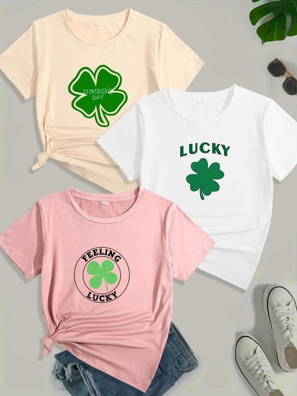 Women's Clover Print Round Neck Tee, Casual Short Sleeve T-shirt for Daily Wear, Ladies Clothes for All Seasons Hoodie,...